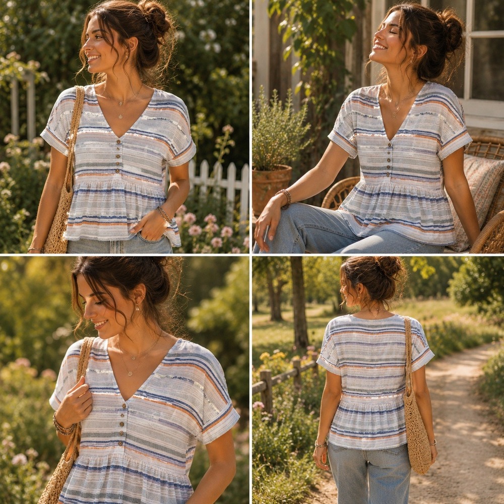 Gypsies & Moondust‎ Striped Peplum Blouse Womens Small Blue Orange Boho V-Neck